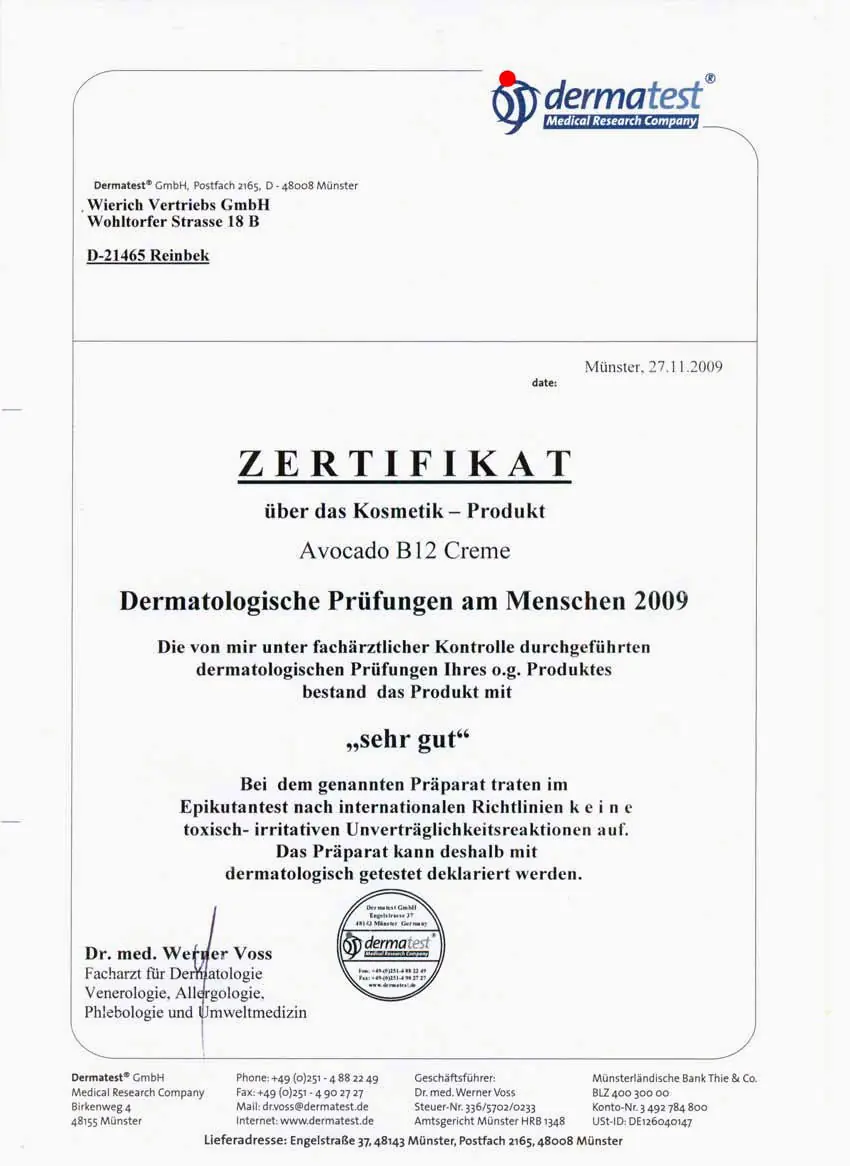 Testberichte Avocado.B12 Dermatest 2009
